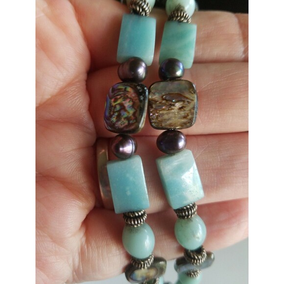 HAND MADE ABALONE PEARLS LIGHT BLUE STONE SILVER TONE NECKLACE 15" gorgeous - Picture 9 of 11